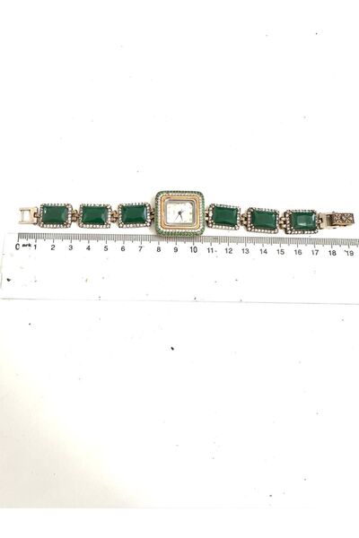 QUARTZ Otantik Yeşim Zümrüt ve Zirkon Taşlı Kadın Gümüş Kol Saati 925 Ayar 49...