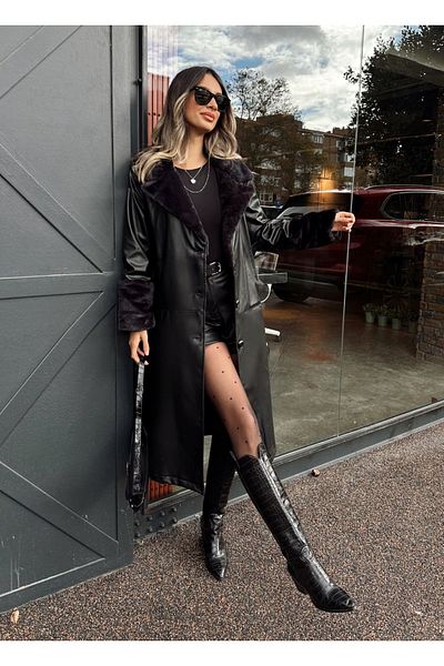 HARMONY GLOBAL Furry Long Leather Women's Trench Coat 2259