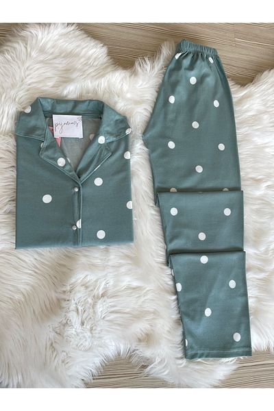 Pijamacs Set de pijamale cu mânecă lungă, guler de cămașă din piele intoarsa verde - model cu buline
