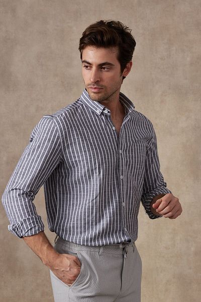 RAVANELLI Cămașă modernă pentru bărbați din bumbac cu dungi slim fit - guler cu mânecă lungă, cu nasturi