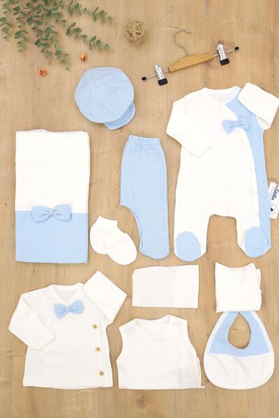 Sitilin طقم خروج من المستشفى مكون من 10 قطع من القطن الفاخر باللون الأبيض والأزرق للأطفال الأولاد - STL6788