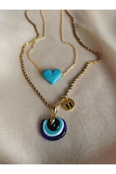 derokas Harfli Gökkuşağı Murano Çelik Kolye Ve Mavi Kalp Murano Set