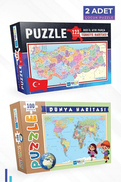 Blue Focus 2 Pieces Puzzle - 123 Pieces Turkije Map (Each Provincial Piece) and 100 Pieces World Map