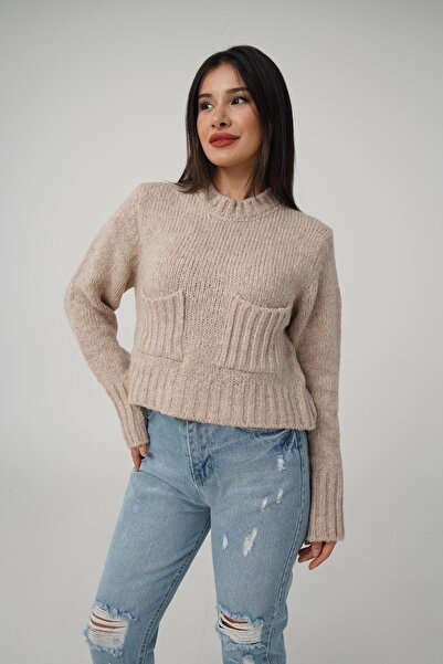 Hipo Trend Pulover scurt model cafea cu lapte - buzunar dublu