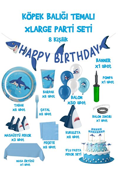 Parti Atölyesi Köpek Balığı Tema Doğum Günü Xlarge Paket Set 8 Kişilik Köpekb...