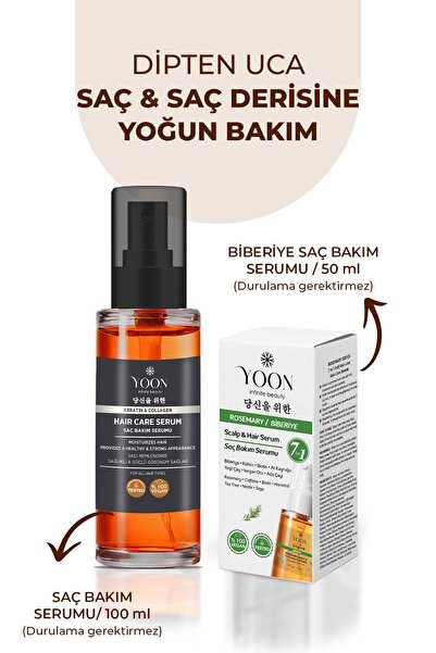 YOON 2'li Set Saç & Saç Derisi Onarıcı Serum, Keratin, Kolajen, Biberiye Ve 7...