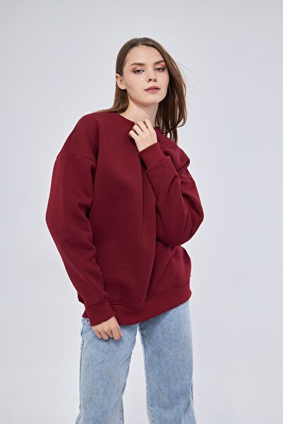 YÜKSEL IŞIK Unisex Bordo Basic Sweatshirt Bisiklet Yaka Hoodie %100 Pamuklu
