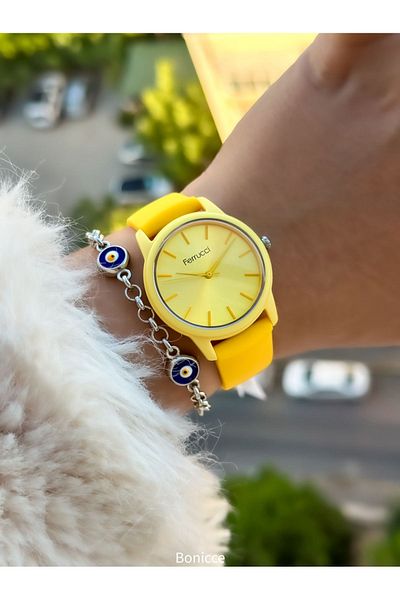 Ferrucci Yellow Colored Soft Silicone Cord Women's Wrist Watch and Evil Eye Beaded Bracelet