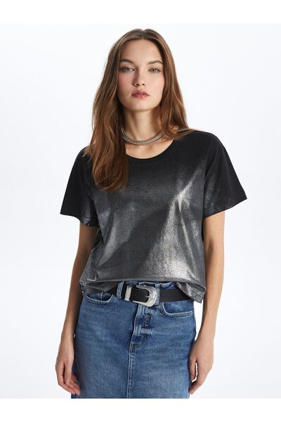 Dexia New York - Bisiklet Yaka Varak Baskılı Crop Tshirt - Siyah Renk