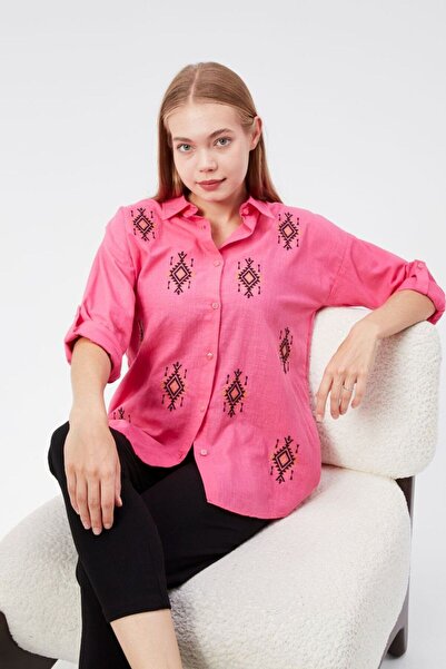 BAJAR قميص كتان قطن 100% مع تفاصيل مطرزة