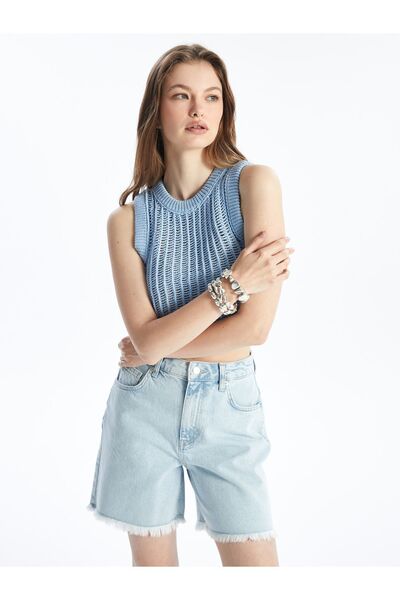 Dexia Pordenone - Crew Neck Openwork Crop Fit Αμάνικη Πλεκτή Μπλούζα - Μπλε Χ...