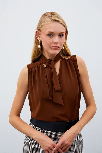 Sateen Brown Scarf Sleeveless Blouse