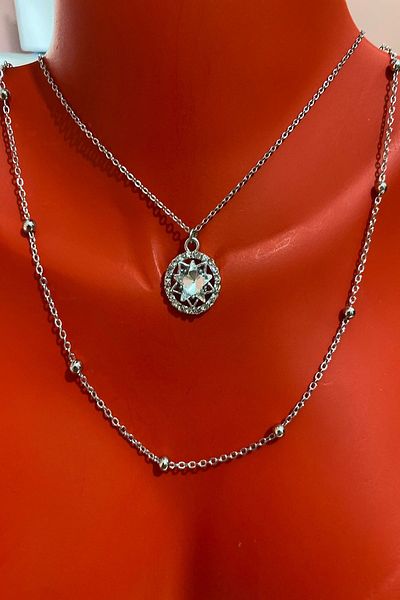 Bourgogne2021 Star Model Stoned Silver Women's Necklace Set