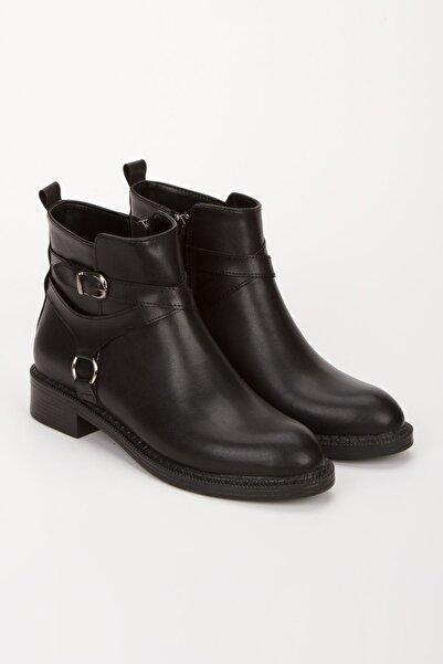 MNShoes Siyah Kadın Tokalı Fermuarlı Bot