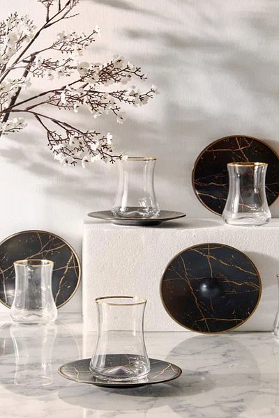 İkram Dünyası Black Marble Matte Tea Set - Coffee Cup and Saucer Set of 4