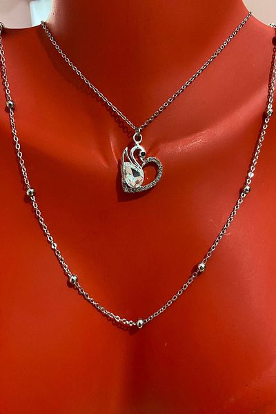 Bourgogne2021 Heart Model Swan Color Stoned Silver Women's Necklace Set