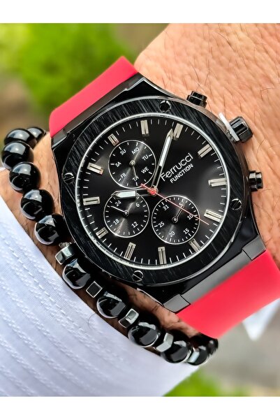Ferrucci Functional Red Sports Watch Silicone Cord Waterproof Men's Wristwatch + Bracelet