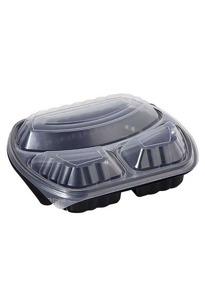 PLASTİKAP Black Plastic Food Container with Lid Microwave Container 3 Compartments 10 Pieces