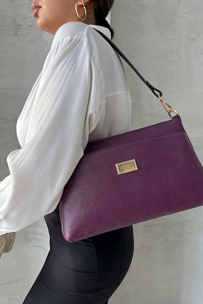 DERKON Oxnova Model Purple Colored Genuine Leather Hem Handle Crossbody Bag