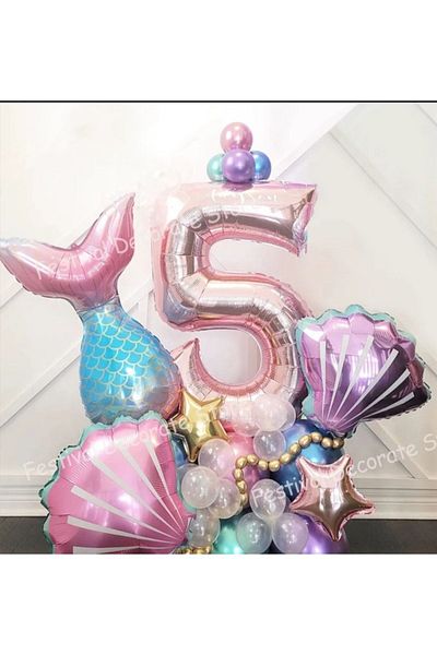 Öztürkpartievi Mermaid Themed Birthday Number Foil Balloon Set