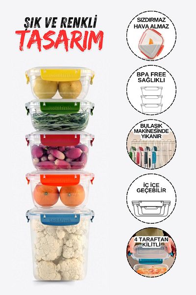 Manken İstanbul 5-Piece 100% Airtight Storage Container - Locked Dishwasher Safe Leakproof 800&1000&2100 ml