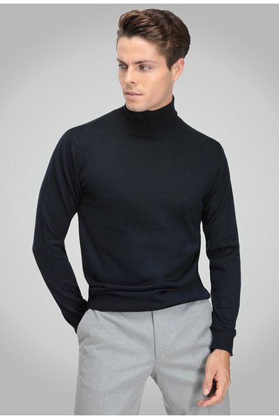 D'S Damat Regular Fit Navy Blue Plain Knitted Wool Blend Sweater