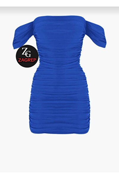 Zagrep Kadın Saks Mavisi Büzgülü Drapeli Astarlı Fermuarlı Mini Elbise