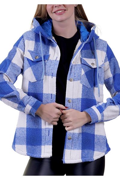 Exve Exclusive Bluză crem în carouri, cu glugă, blană de lână, cămașă de damă, jachetă de lemne de iarnă