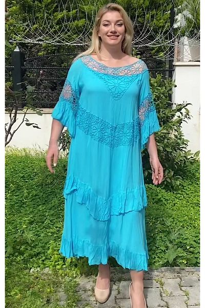 AKŞEN GİYİM Rochie din voal de bumbac de marime mare cu detaliu din dantela - potrivita pentru marimile 40-42-44-46-48-50