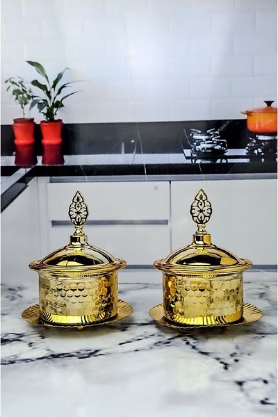 BRE HOME 1 Piece Hürrem Round Gold Gold Color Covered Embroidered Metal 14 Cm Sugar Bowl, Turkish Delight Bowl, Spice Bowl