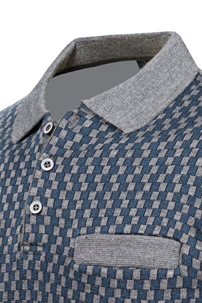 Çizgi Triko Men's Polo Collar Striped Knitwear Sweater - Patterned Sleeves and Waist Elastics, Steel Knit Classic Fit - 5006F