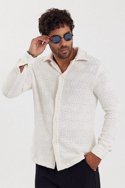 MADZEYMODA Ανδρικό πλεκτό πουκάμισο εκρού με σχέδια - Νέα σεζόν Mz19716