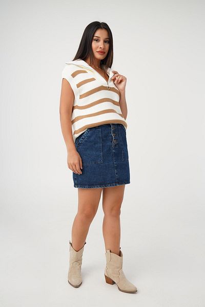 Hipo Trend Ecru Sweater - Thick Striped and Zippered Collar