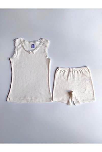 ÇebiKids Girl's 100% Cotton Ecru Retro Tank Top Panties Set