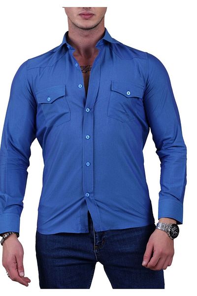 Exve Exclusive Cămașă occidentală slim fit din bumbac oxford albastru de culoare, respirabilă, cu clapă dublă