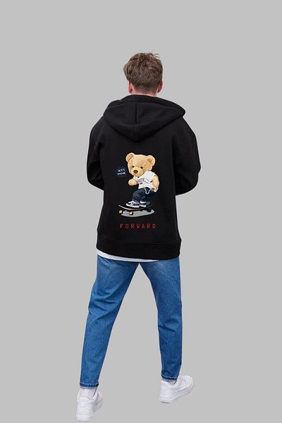 Nyda Collections Unisex Μαύρη Oversize Teddy Cardigan - Χειμερινό μπουφάν με τσέπες, φερμουάρ, 3 κλωστές από βαμβάκι