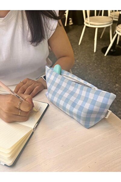 sumicorn Buz Mavi Pötikareli Yıkanabilir Fermuarlı Tek Gözlü Bez Kalemlik Kalem Kutusu Cüzdan Makyaj Çantası