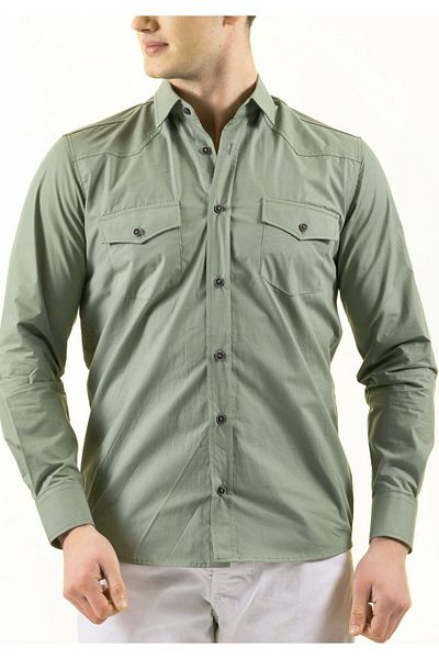 Exve Exclusive Water Green Single Color Pastel Cotton Double Pocket Cover Slim Fit Western Shirt