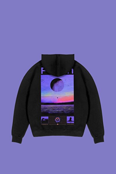 Sekizbiraltı Unisex Oversize Black Hoodie - Fallen Printed