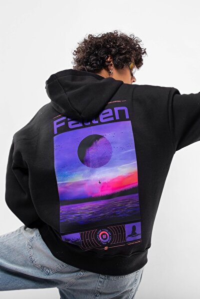 Sekizbiraltı Unisex Oversize Black Hoodie - Fallen Printed