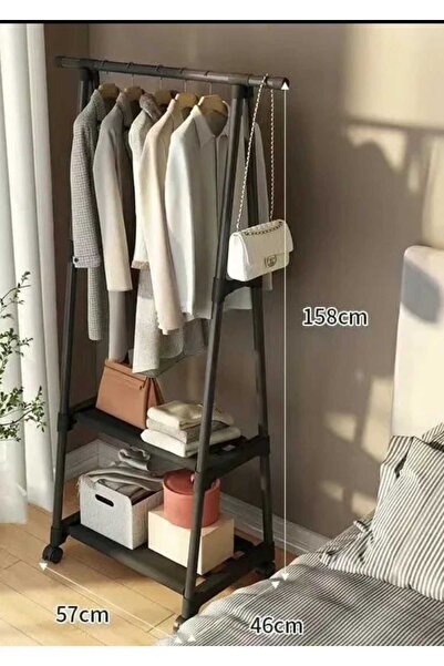 TRENDESK Ayaklı Konfeksiyon Askısı Metal Konfeksiyon Elbise Askılığı Eşek Askılık Siyah Tekerlekli 3231