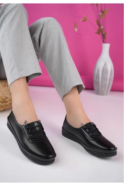 SAFİR Kadın Klasik Rahat Ortopedik Günlük Ipli Siyah Ayakkabı Anne Ayakkabı B...