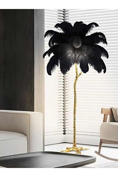 VİSENTE HOME Lambader Deve Kuşu Siyah Tüy Gold Ayak Salon ve Oturma odaları için