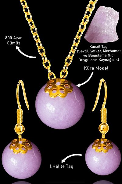 Erilsa Kunzit Stone Certified Globe Model Necklace and Earring Set - Silver Apparatus
