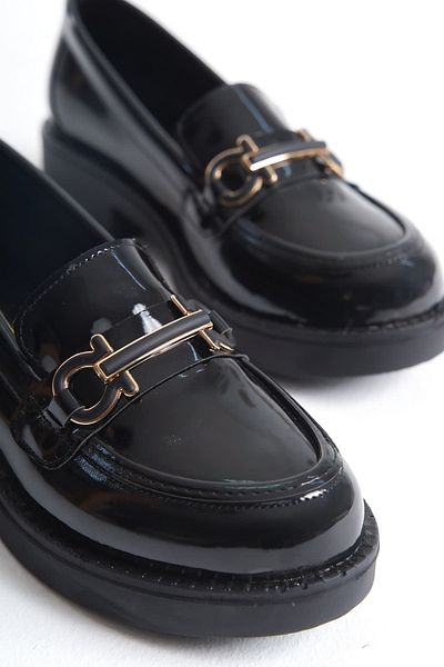 Buem Loafer din piele lacuita lucioasa - Pantofi Oxford confortabili cu talpa medie si catarame
