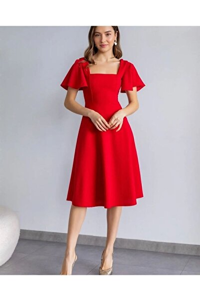 güneş butik Rochie midi evazată cu mâneci cu volan