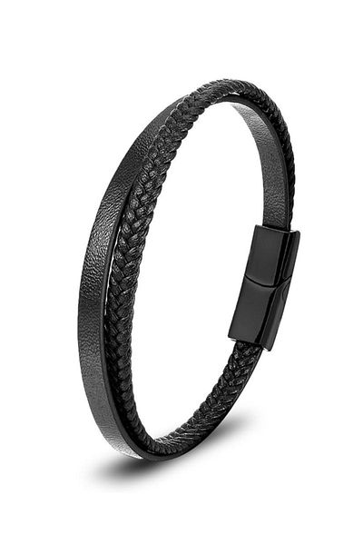Hepsi Enteresan Gift for Men's Lover - Leather and Hair Braid Double Steel Bracelet, Father's Day and Valentine's Day