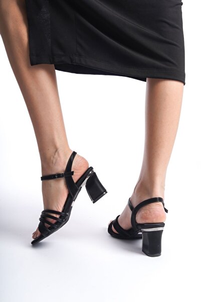 ZİESCE CROSS STRAP THICK HEEL WOMEN'S BLACK SANDALS SHOES