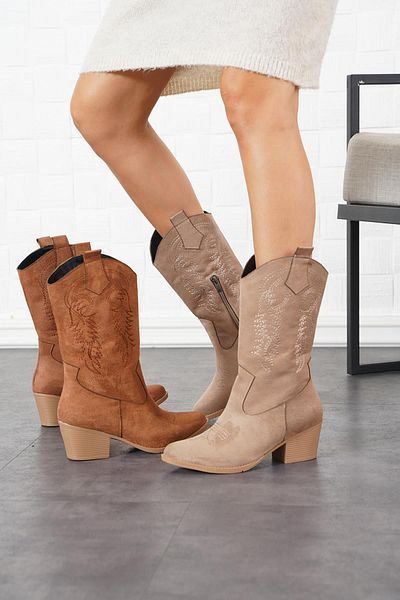 Moda Pie Γυναικείες μπότες με τακούνι Mink Suede Deylis Western - Πλαϊνές ραφές