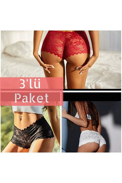 NurPeri İç Giyim Дамски черни бели червени 3 пакета дантелени прашки шорти